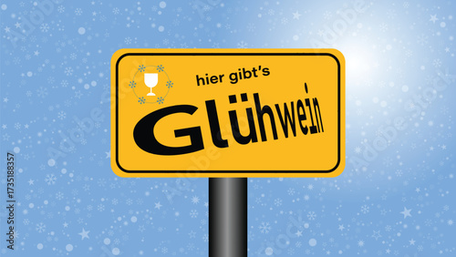 Glühwein Direction Sign in Snowy Winter Background Vector.