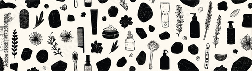 Black and white seamless pattern featuring beauty products stones and plants for wallpaper or textile design or backgrounds