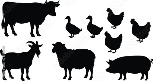 Farm animal silhouettes including cow, goat, sheep, pig, duck, chicken, poultry livestock vector illustration, black farm animals isolated