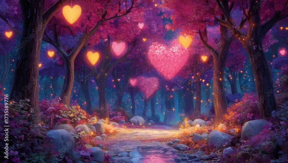 Fototapeta premium A magical forest path filled with glowing heart-shaped decorations.