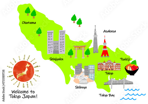 かわいい東京都の観光スポット手描きイラストマップ