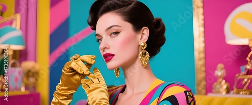 Quiet Luxury Fashion Portrait, Retro Fashion Model in Colorful Studio with Glamorous Accessories