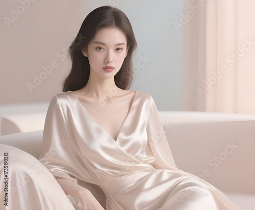 Quiet Luxury Fashion Portrait, Serene Woman in Elegant Satin Dress Posing in Minimalist Setting