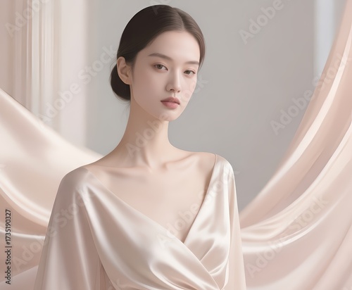 Quiet Luxury Fashion Portrait, Elegant Portrait of a Young Woman in Soft Satin Drapery