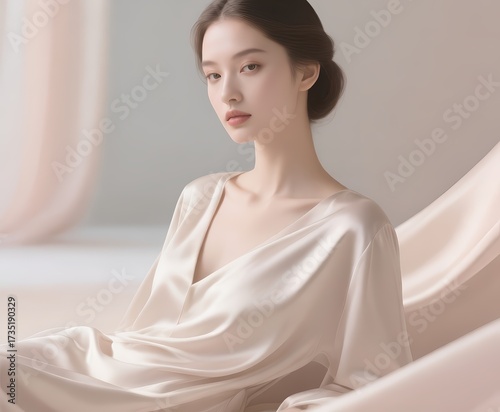 Quiet Luxury Fashion Portrait, Elegant Woman in Silken Dress Posed in Soft Natural Light