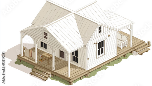 Charming vintage farmhouse illustration with wide porch and detailed architectural elements conveying simple living and serene atmosphere