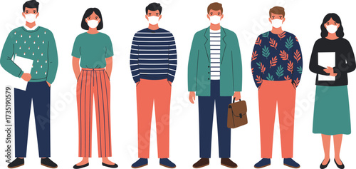 Office people wearing masks, business team illustration, workplace safety, coronavirus prevention, professional staff, pandemic protection, teamwork, healthcare, group, collaborationOffice 
