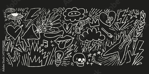 Pen scrawl punk rock doodles, scribbles with guitars, skulls, hearts, lightning, grunge sketchy symbols in chalkboard style. Music graphic elements, emo graphics, tattoo icons.
