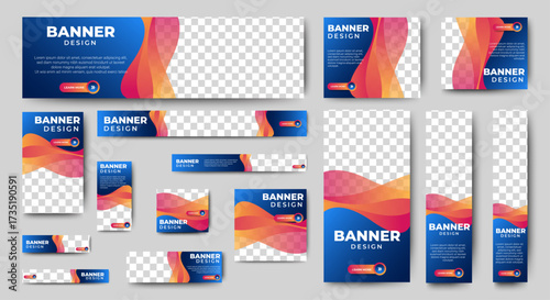 Set bundle of ads banner template design with blue and red background. vector	