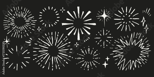 Pencil crayon draw fireworks, sunburst, spark set in sketchy chalkboard style. Minimalist kids drawing black and white doodles burst elements for festive design.