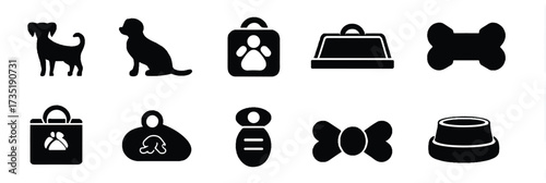Collection of black and white dog related icons and symbols for pet stores