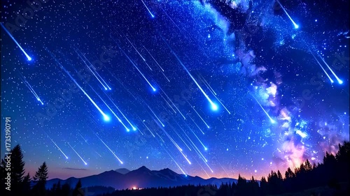 流れ星や流星群が流れる満天の星空  天の川  3DCGアニメーション
