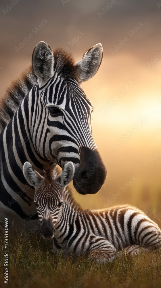 Naklejka premium Close-up of a zebra mother with her baby foal resting together in golden light of sunset on the savannah, symbol of wildlife care and protection 
