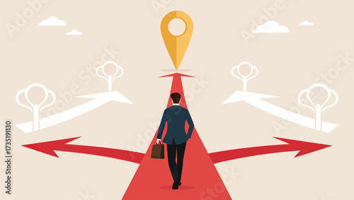 Flat vector illustration of man running on path with location pin choosing direction for future goal and success

