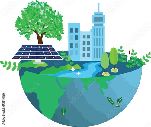 Embrace sustainable living with vibrant solar panels, lush trees, and innovative windmills for a brighter, cleaner future in this eco-friendly world