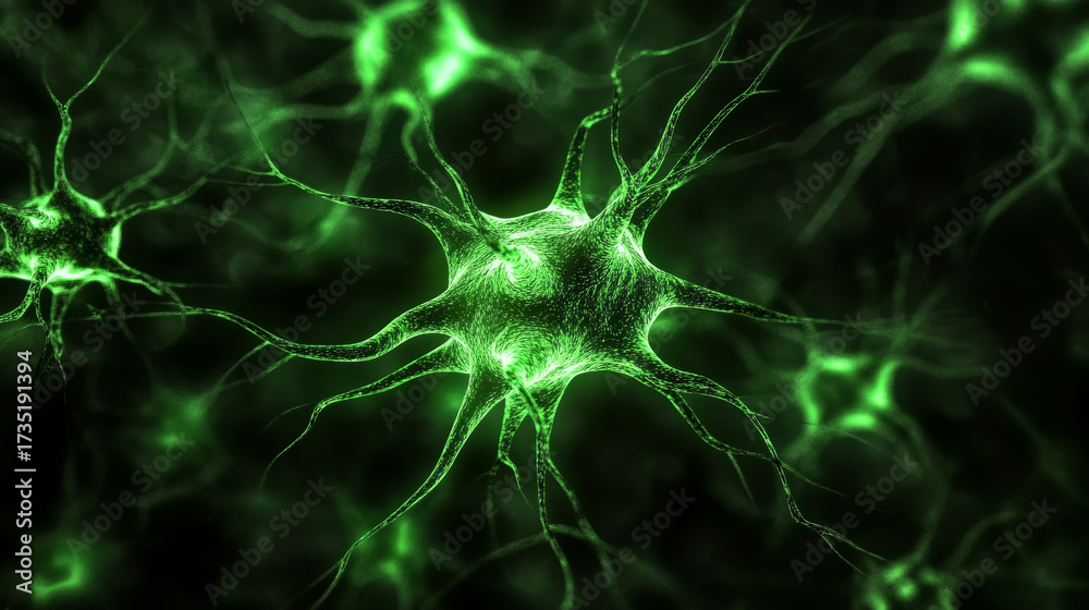 Fototapeta premium Green neuron cell network glowing with electric signals in dark brain tissue expressing scientific energy