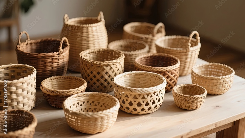 Fototapeta premium Assorted handwoven baskets displayed on a wooden table