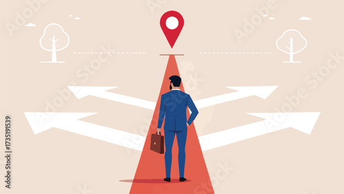 Businessman choosing direction path with location pin for decision making and career success
