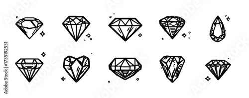 Collection of hand drawn diamond illustrations showing different cuts and styles in black and white graphic set