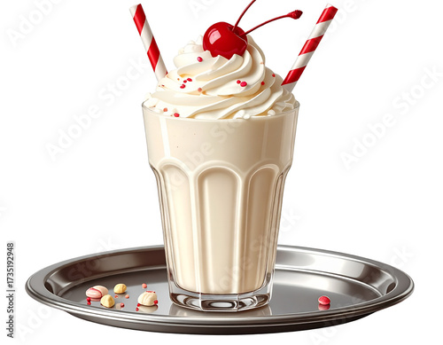 Classic Vanilla Milkshake with Whipped Cream and Cherry Garnish PNG
