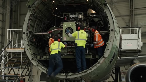 Aircraft engine maintenance in hangar by skilled technicians.