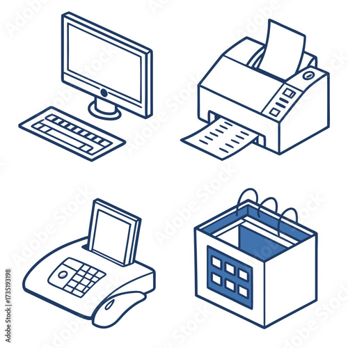 Isometric line art icons of office equipment including a computer printer fax machine and calendar presented in a clean modern style
