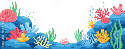 Vibrant underwater coral reef scene with colorful marine life and plants