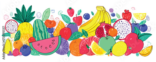 Colorful cartoon fruits illustration with pineapple watermelon banana apple strawberry lemon and leaves on white background