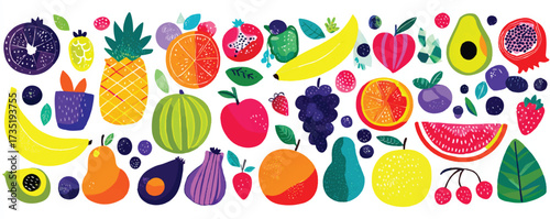 Colorful hand drawn style fruit illustration with fresh assortment of tropical and temperate fruits healthy eating concept