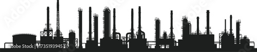 Industrial refinery plant silhouette, oil factory illustration, petroleum processing facility, chemical industry vector, energy production design, gas fuel plant