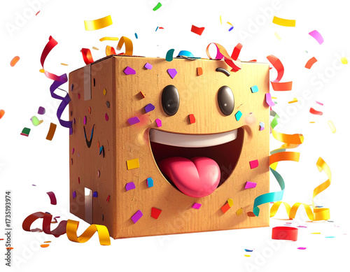 Cartoon-Style Cardboard Box Emoji Character with Fun Expression PNG
