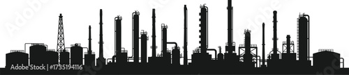 Industrial refinery silhouette, oil factory illustration, petroleum plant vector, chemical refinery design, energy production industry, black outline, manufacturing facility