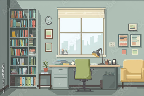 Cozy and organized home office setup with bookshelf desk chair and city view creating a productive workspace