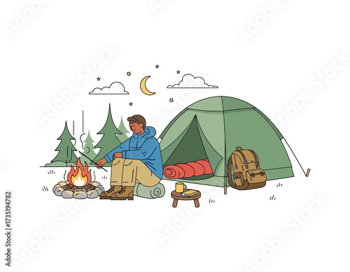 Camping adventure A lone camper enjoys the warmth of a campfire under the night sky, with a tent and backpack nearby