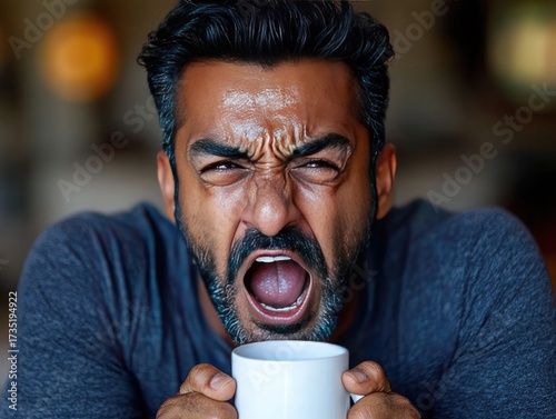 Man with dark hair and beard grimaces and screams, holding a white mug. Use this image to convey anger, pain, or extreme displeasure at something.