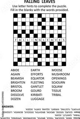 Easy and engaging crossword puzzle game for autumn season evenings or coffee breakes. General knowledge, family friendly content, quick style. Letter hints.  Answer included.
