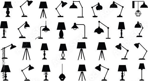 Lamp silhouette collection, desk lamp, table lamp, floor lamp, modern lighting design, home decor, interior decoration, vector illustration, furniture