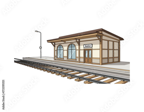 Illustration of a train station with a platform and tracks