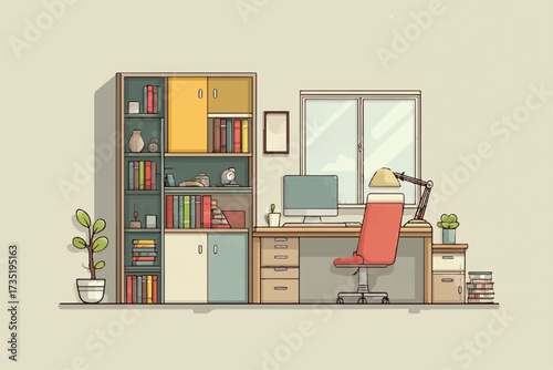 Cozy Cartoon Home Office Setup with Bookshelves and Desk Area for Creative Work or Study