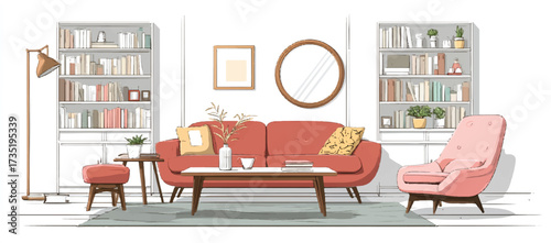 Cozy Living Room Illustration with Red Sofa Bookshelves and Modern Decor a Perfect Home Design Concept