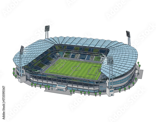 High-angle illustration of a modern stadium with a glass roof, a green field, and floodlights, a digital vector image
