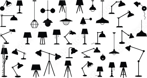 Lamp silhouette vector set, desk lamp, table lamp, floor lamp, pendant lamp, wall lamp, modern lighting, home interior, decor design