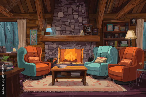 Cozy log cabin interior with roaring fireplace and comfortable armchairs providing a relaxing vacation retreat setting
