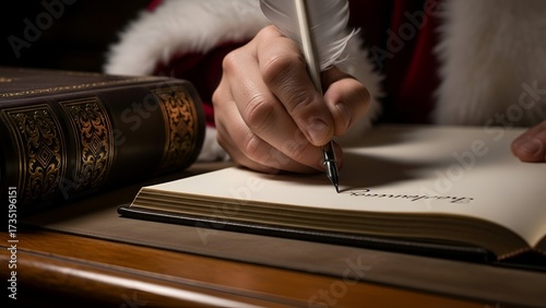 Close-up of Santa Claus's hand writing with a quill pen in a book.