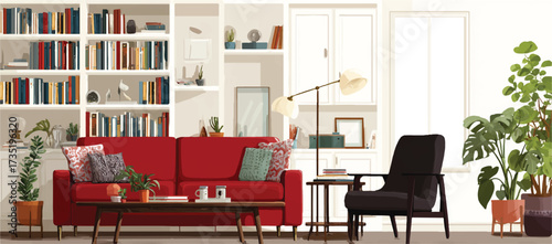 Cozy Living Room Interior with Bookshelf Red Sofa Armchair and Potted Plants Creating a Relaxing Atmosphere