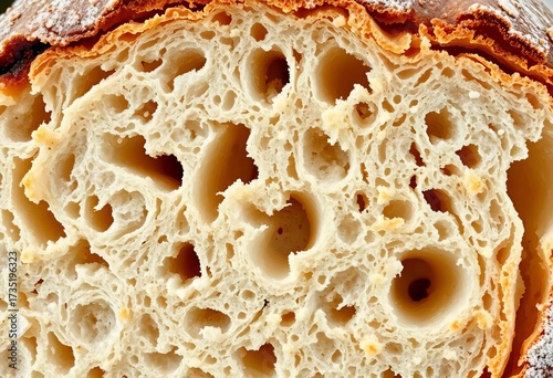 Close-up of crusty sourdough bread, showing textured surface and air pockets,   delicious food,   appetizing