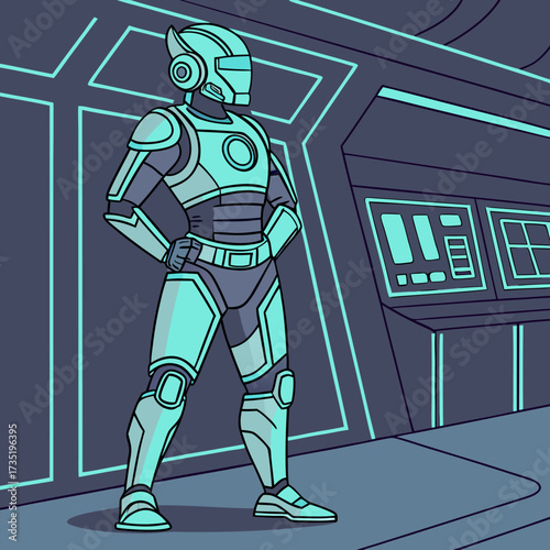 Futuristic robot standing confidently in a dimly lit spaceship corridor with glowing blue accents and control panels