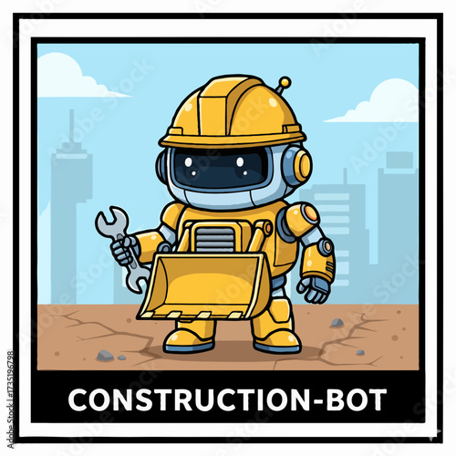 Cartoon miniature construction robot with bulldozer chest and heavy arms, flat vector design.