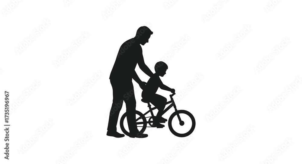 Fototapeta premium A father guiding his child learning to ride a bicycle silhouette
