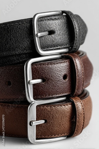 Three leather belts stacked, featuring varying shades of brown and black